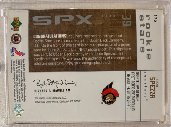 2002-03 UPPER DECK HOCKEY #175 OTTAWA SENATORS - JASON SPEZZA SPX AUTOGRAPHED JERSEY ROOKIE CARD RAW