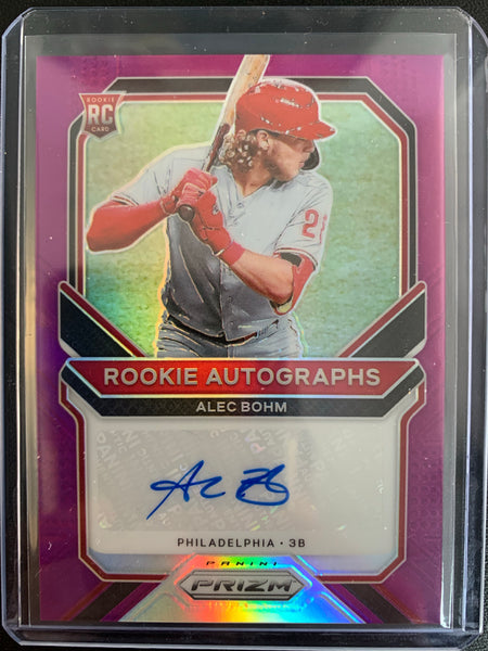 2021 PANINI PRIZM BASEBALL  #RA-AB PHILADELPHIA PHILLIES - ALEC BOHM ROOKIE AUTO PURPLE SP NUMBERED 29/50