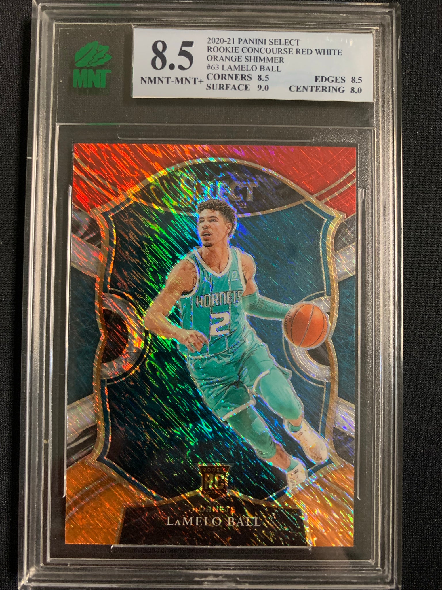 2020-2021 PANINI SELECT NBA BASKETBALL #63 CHARLOTTE HORNETS - LAMELO BALL RED WHITE ORANGE SHIMMER ROOKIE CARD GRADED MNT 8.5 NMNT-MNT+