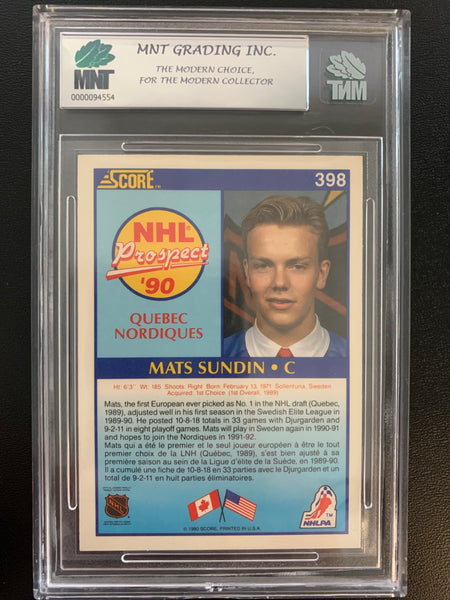 1990-91 SCORE CANADIAN HOCKEY #398 QUEBEC NORDIQUES - MATS SUNDIN ROOKIE CARD GRADED MNT 8.5 NMNT-MINT+