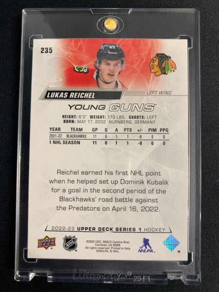 2022-23 UPPER DECK S1 HOCKEY #235 CHICAGO BLACKHAWKS - LUKAS REICHEL YOUNG GUNS ROOKIE CARD - PACK FRESH!