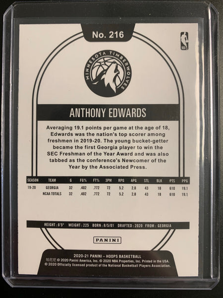 2020-2021 PANINI NBA HOOPS BASKETBALL #216 MINNESOTA TIMBERWOLVES - ANTHONY EDWARDS BLUE PRIZM PARALLEL ROOKIE CARD