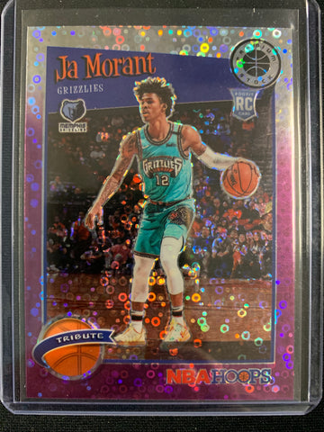 2019-20 PANINI NBA HOOPS PREMIUM STOCK BASKETBALL #297 MEMPHIS GRIZZLIES - JA MORANT TRIBUTE PURPLE DISCO PARALLEL ROOKIE CARD