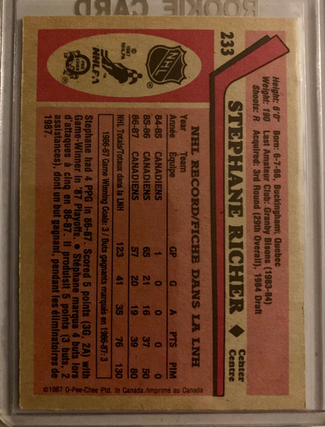 1987-88 O-PEE-CHEE HOCKEY #233 MONTREAL CANADIENS - STEPHANE RICHER ROOKIE CARD RAW