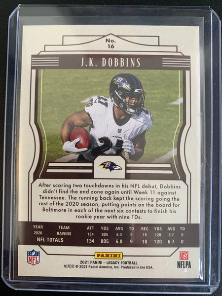 2021 PANINI LEGACY FOOTBALL #16 BALTIMORE RAVENS - J.K DOBBINS PURPLE PARALLEL NUMBERED 43/50