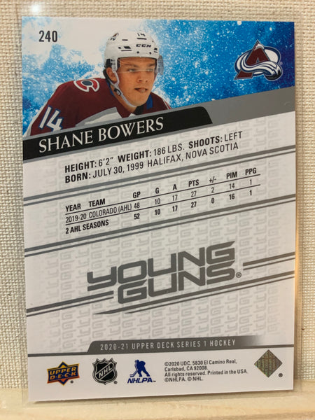 2020-21 UPPER DECK HOCKEY #240 COLORADO AVALANCHE - SHANE BOWERS YOUNG GUNS ROOKIE CARD RAW