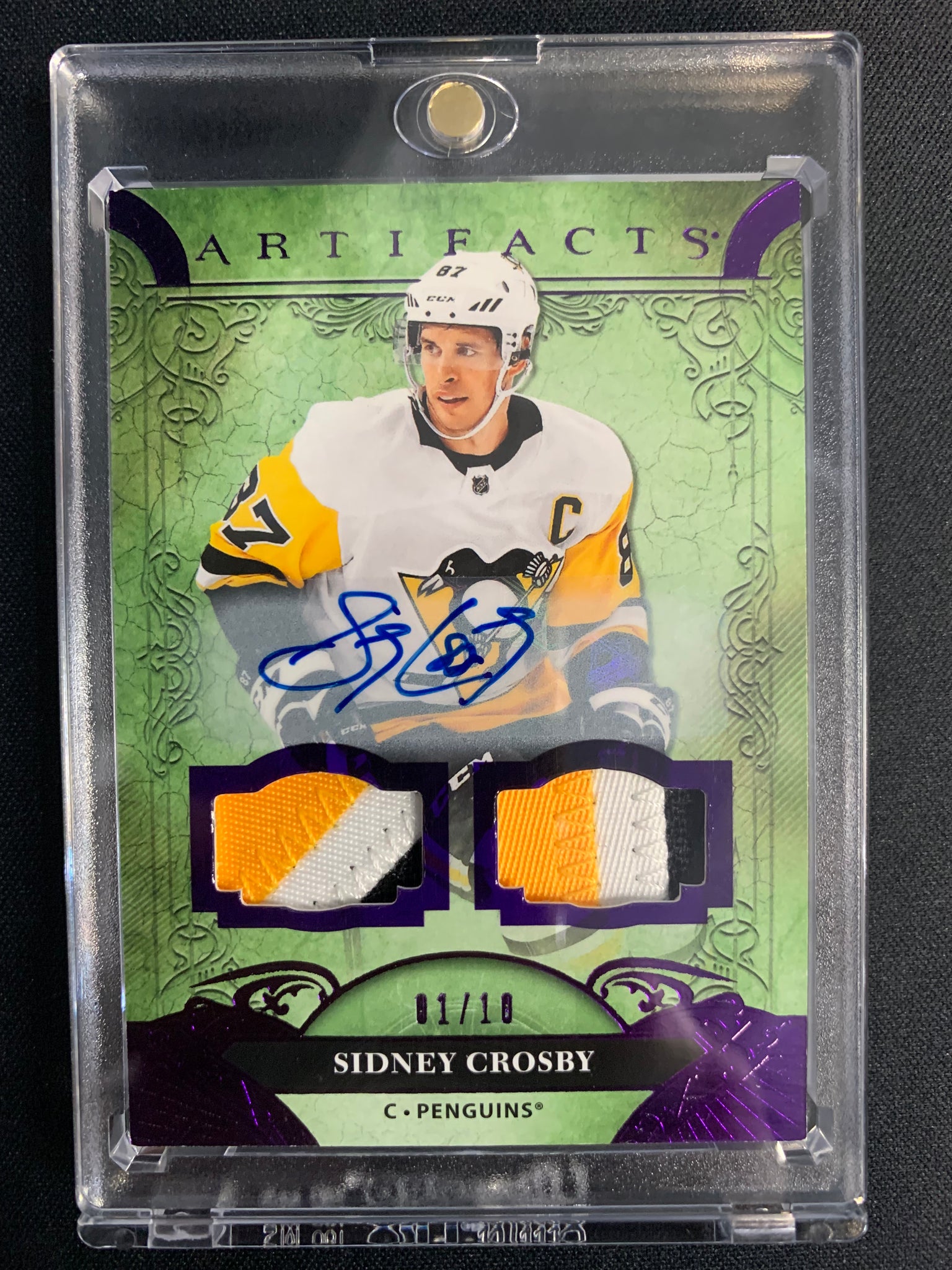 2020-21 UPPER DECK ARTIFACTS HOCKEY #145 PITTSBURGH PENGUINS - SIDNEY CROSBY ARTIFACTS DOUBLE PATCH AUTO NUMBERED 01/10