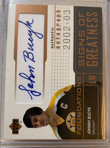 2002-03 UPPER DECK FOUNDATIONS HOCKEY #SG-JBu BOSTON BRUINS - JOHNNY BUCYK SIGNS OF GREATNESS AUTO CARD RAW