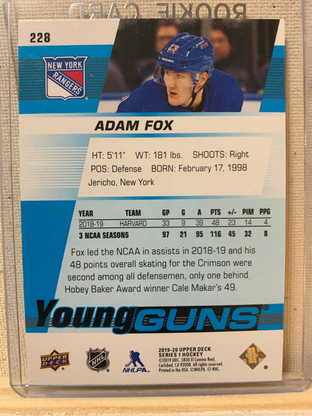 2019-20 UPPER DECK HOCKEY #228 NEW YORK RANGERS - ADAM FOX YOUNG GUNS ROOKIE CARD RAW