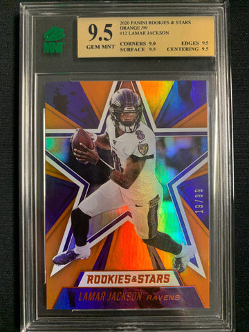 2020 PANINI ROOKIES & STARS FOOTBALL #12 BALTIMORE RAVENS - LAMAR JACKSON ORANGE NUMBERED 19/99 GRADED MNT 9.5 GEM MINT