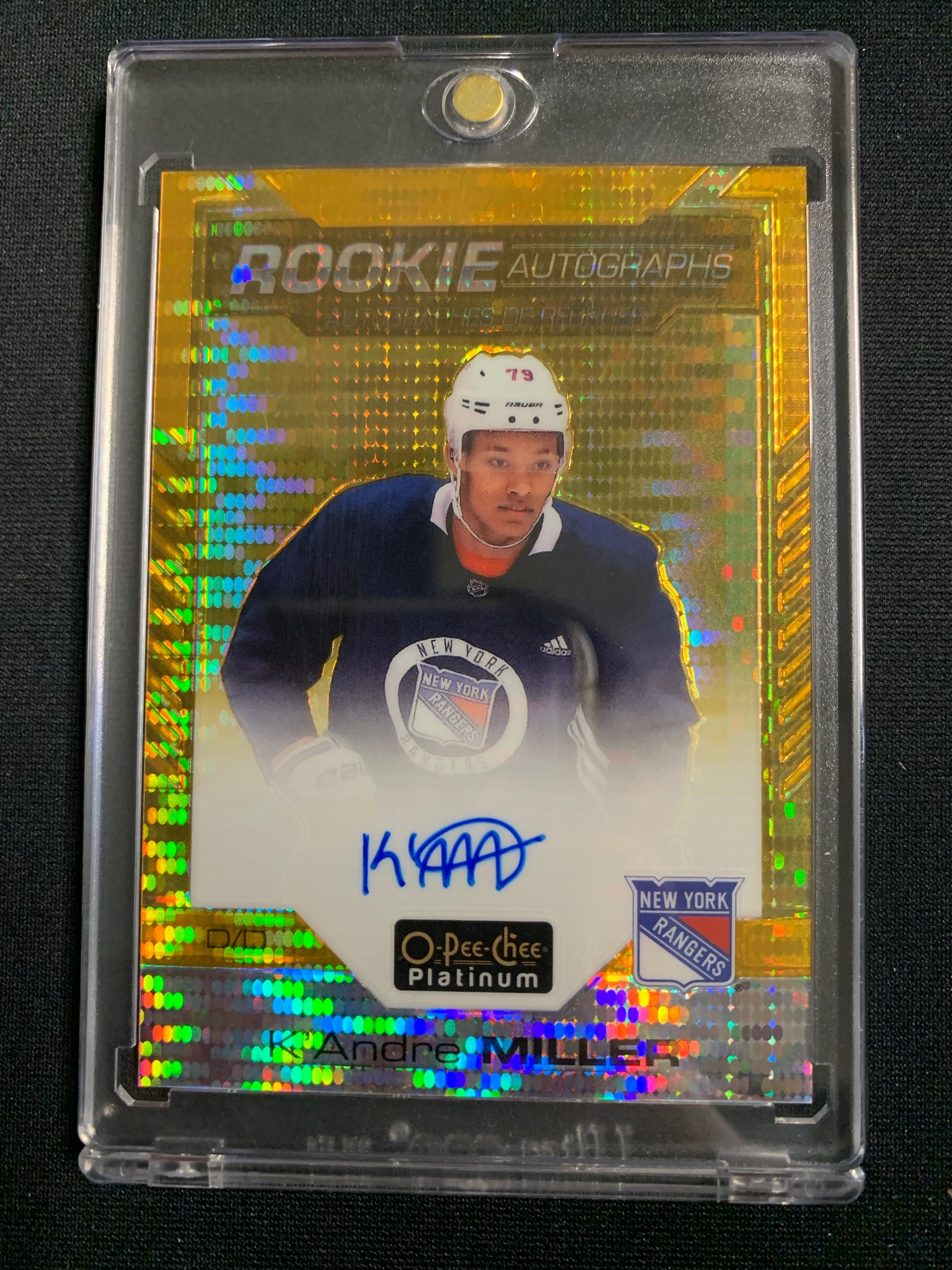 2020-21 UD O-PEE-CHEE PLATINUM HOCKEY #R-KM NEW YORK RANGERS - K'ANDRE MILLER SEISMIC GOLD ROOKIE AUTOGRAPHS NUMBERED 22/25