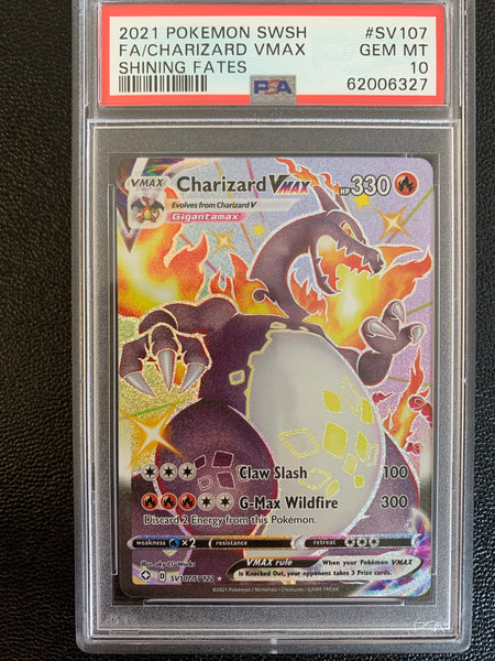 POKEMON SWSH SHINING FATES VMAX FULL ART SECRET RARE CHARIZARD SV107/SV122 GRADED PSA 10 GEM MT