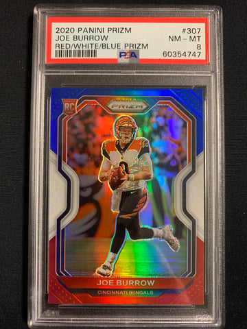 2020 PANINI PRIZM FOOTBALL #307 CINCINNATI BENGALS - JOE BURROW RED WHITE & BLUE PRIZM PARALLEL ROOKIE CARD GRADED PSA 8 NM-MT