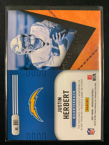 2021 PANINI ABSOLUTE NFL FOOTBALL #BH1 LOS ANGELES CHARGERS - JUSTIN HERBERT BALL HOGGS PATCH INSERT CARD