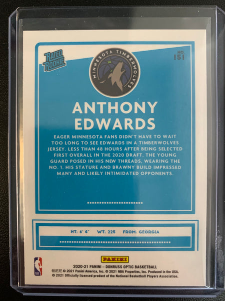 2020-2021 PANINI DONRUSS OPTIC NBA BASKETBALL #151 MINNESOTA TIMERWOLVES - ANTHONY EDWARDS OPTIC RATED ROOKIE CARD