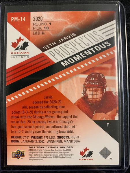 2021 UPPER DECK TEAM CANADA JUNIORS HOCKEY #PM-14 - SETH JARVIS PROSPECTUS ELECTRIC RED PARALLEL NUMBERED 208/275