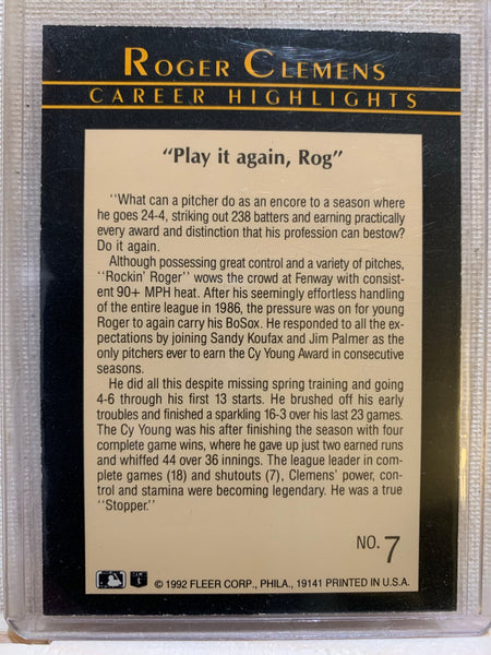 1992-93 FLEER BASEBALL #7 - ROGER CLEMENS FLEER CAREER HIGHLIGHTS CARD RAW