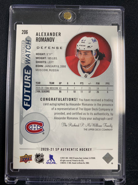 2020-21 UD SP AUTHENTIC HOCKEY #206 MONTREAL CANADIENS - ALEXANDER ROMANOV FUTURE WATCH AUTO ROOKIE CARD NUMBERED 424/999