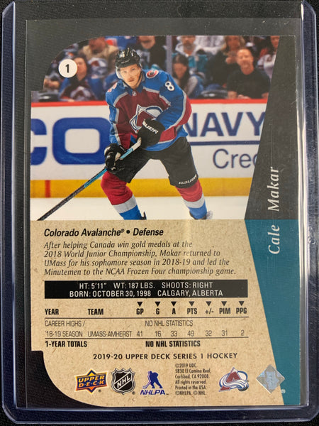 2019-20 UPPER DECK SERIES 1 HOCKEY #1 COLORADO AVALANCHE - CALE MAKAR DIE CUT ROOKIE CARD