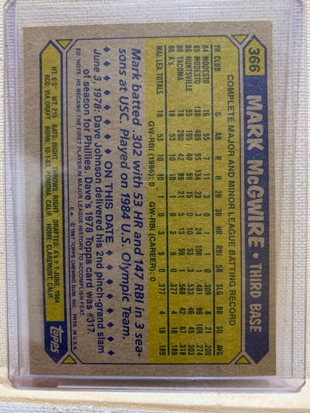 1987-88 TOPPS BASEBALL #366 - MARK MCGWIRE ROOKIE CARD RAW