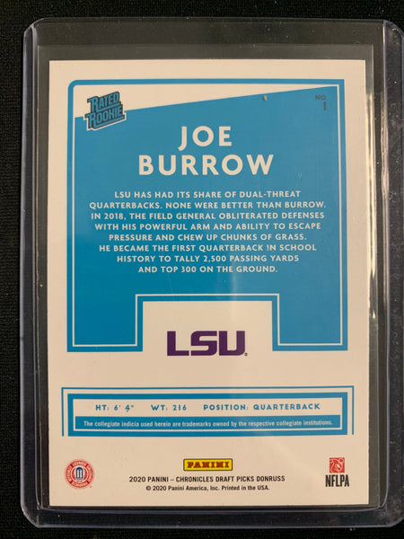 2020 PANINI CHRONICLES DRAFT PICKS FOOTBALL #1 CINCINNATI BENGALS - JOE BURROW COLLEGIATE RATED ROOKIE CARD