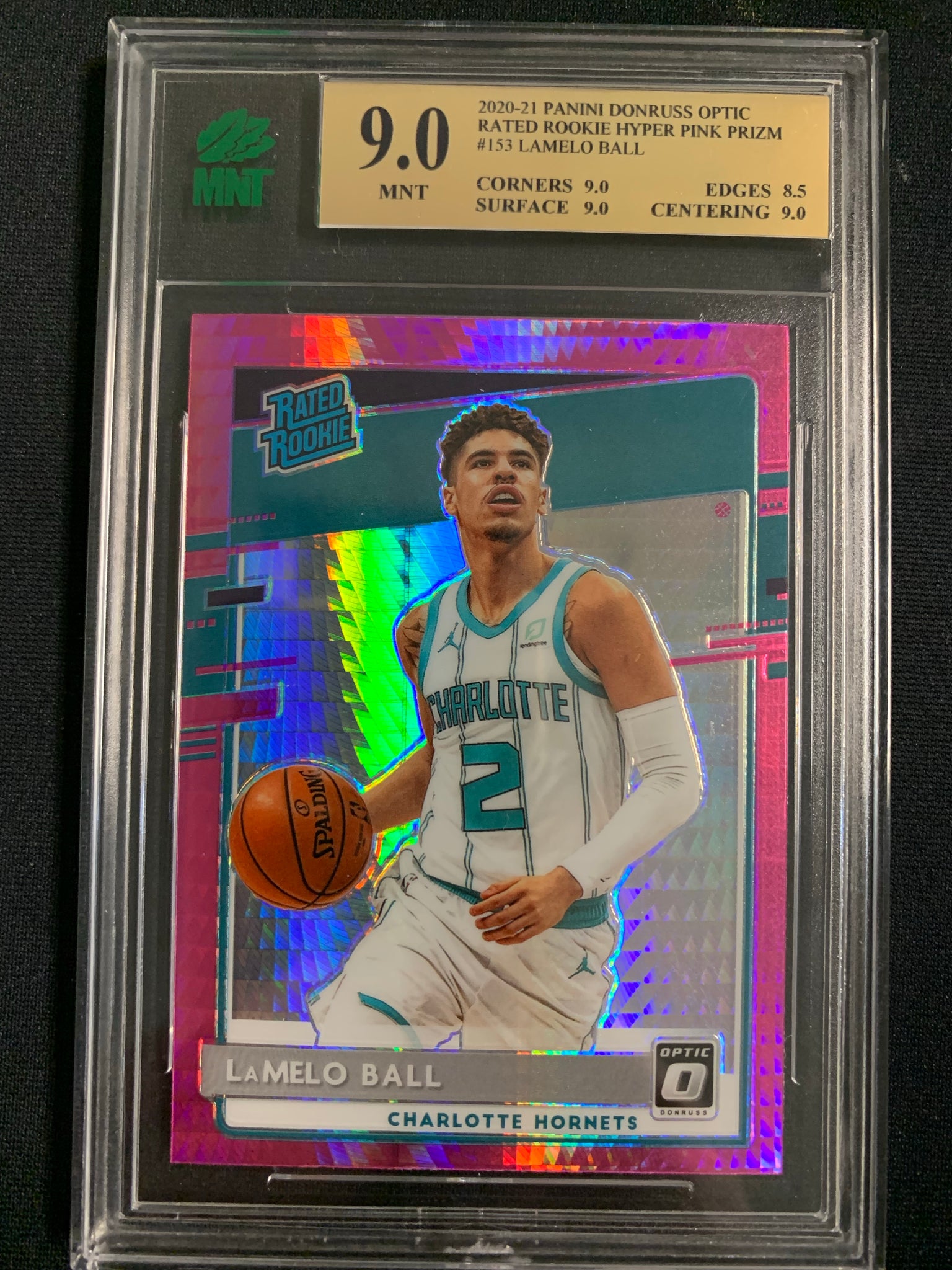 2020-2021 PANINI DONRUSS OPTIC NBA BASKETBALL #153 CHARLOTTE HORNETS - LAMELO BALL HYPER PINK PRIZM RATED ROOKIE CARD GRADED MNT 9.0 MINT