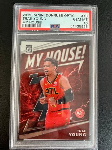 2019 PANINI DONRUSS OPTIC NBA BASKETBALL #18 ATLANTA HAWKS - TRAE YOUNG "MY HOUSE" GRADED PSA 10 GEM MINT