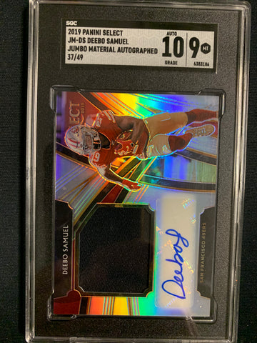 2019 PANINI SELECT FOOTBALL #JM-DS SAN FRANCISCO 49ERS - DEEBO SAMUEL JUMBO MATERIAL AUTOGRAPHED ROOKIE CARD NUMBERED 37/49 GRADED SGC 9 / 10 AUTO