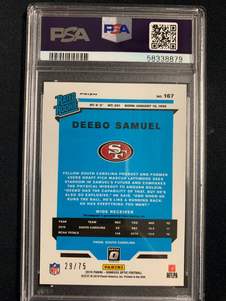 2019 PANINI DONRUSS OPTIC FOOTBALL #167 SAN FRANCISCO 49ERS - DEEBO SAMUEL AUTOGRAPHED BLUE ROOKIE CARD NUMBERED 29/75 GRADED PSA 10 GEM MINT