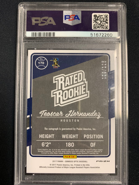 2017 DONRUSS OPTIC BASEBALL #170 TORONTO BLUE JAYS - TEOSCAR HERNANDEZ RATED ROOKIE AUTOGRAPH AQUA PARALLEL NUMBERED 100/125 GRADED PSA 9 MINT