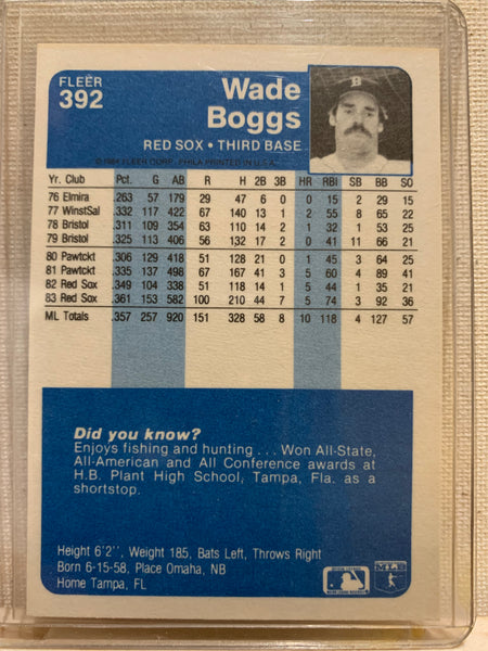 1984-85 FLEER BASEBALL #392 BOSTON RED SOX - WADE BOGGS CARD RAW