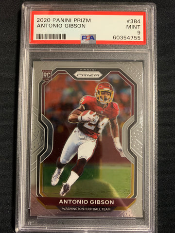 2020 PANINI PRIZM FOOTBALL #384 WASHINGTON REDSKINS - ANTONIO GIBSON PRIZM ROOKIE CARD GRADED PSA 9 MINT