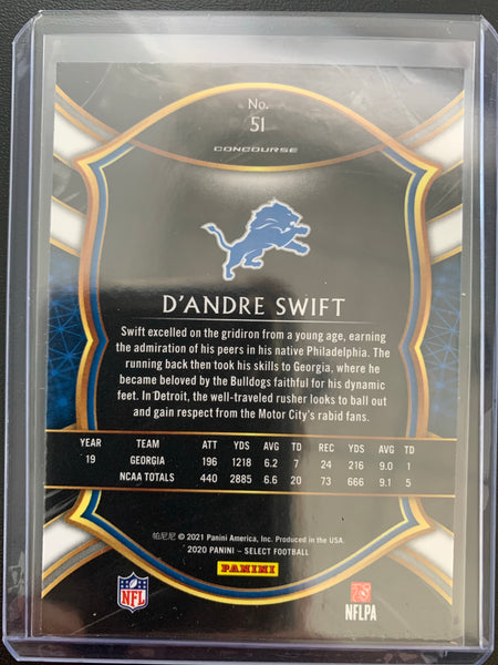 2020 PANINI SELECT FOOTBALL #51 DETROIT LIONS - D'ANDRE SWIFT SELECT CONCOURSE LEVEL ROOKIE CARD