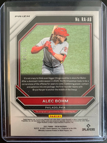 2021 PANINI PRIZM BASEBALL  #RA-AB PHILADELPHIA PHILLIES - ALEC BOHM ROOKIE AUTO PURPLE SP NUMBERED 29/50