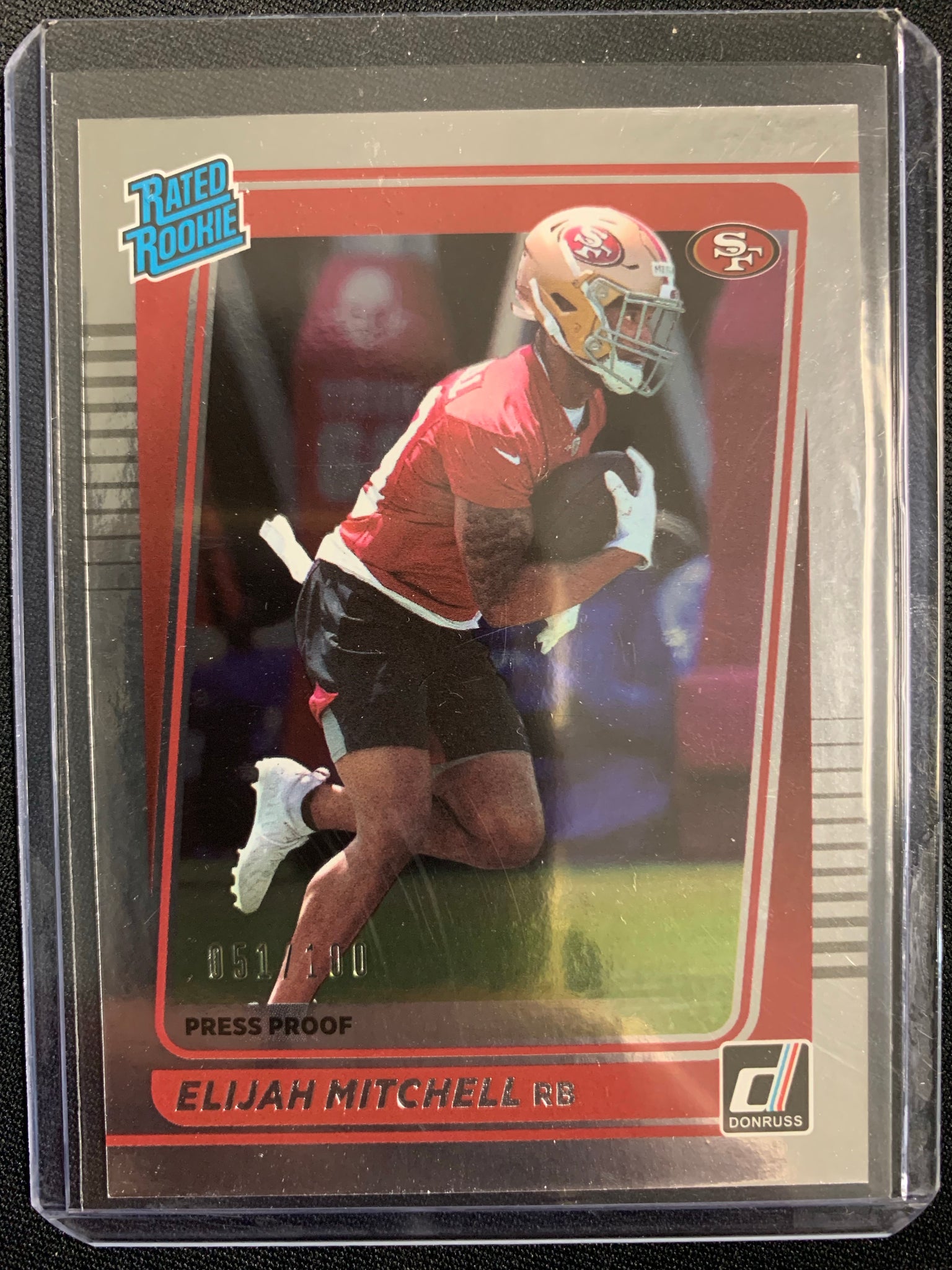 2021 PANINI DONRUSS FOOTBALL #312 SAN FRANCISCO 49ERS - ELIJAH MITCHELL SILVER RATED ROOKIE NUMBERED 051/100