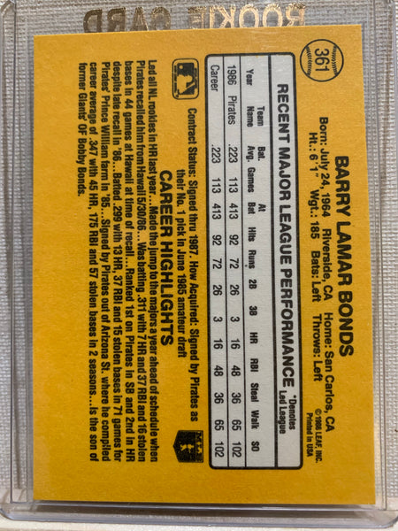1987-88 DONRUSS BASEBALL #361 - BARRY BONDS RATED ROOKIE CARD RAW
