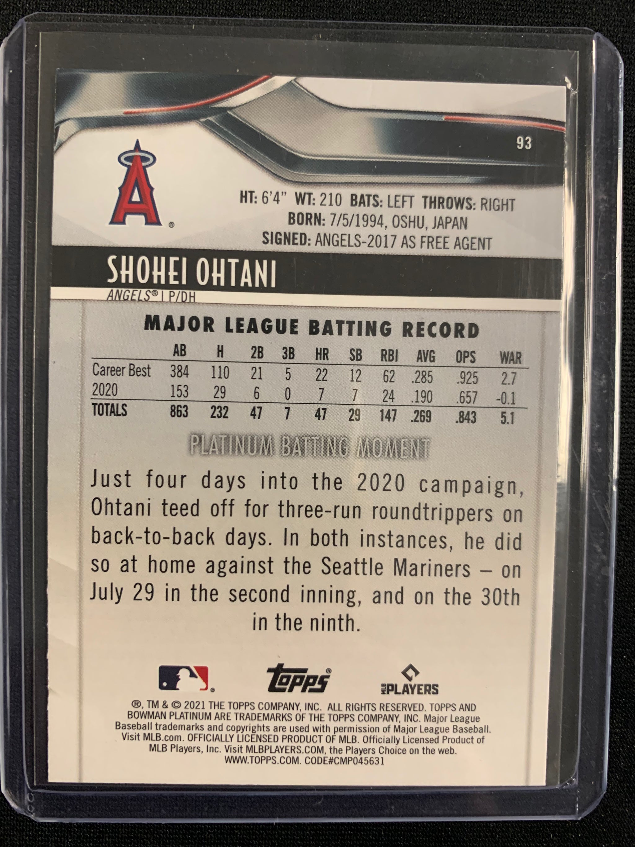 大谷翔平2021 BOWMAN LOS ANGELES ANGELES #93 Shohei Ohtani #93 Prices | 2021 Bowman Platinum | Baseball Cards