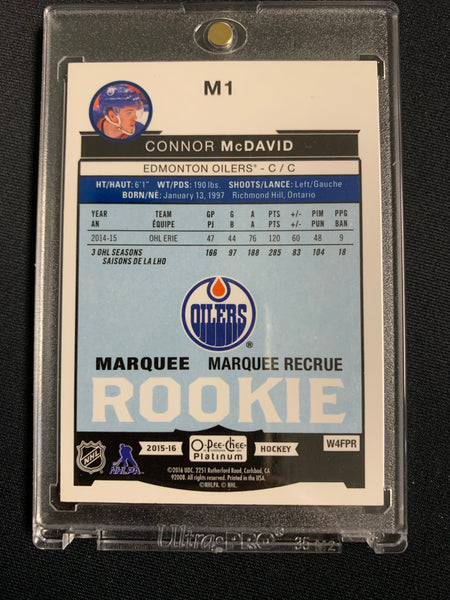 2015-16 UD OPC PLATINUM HOCKEY #M1 EDMONTON OILERS - CONNOR MCDAVID FOIL MARQUEE ROOKIE CARD