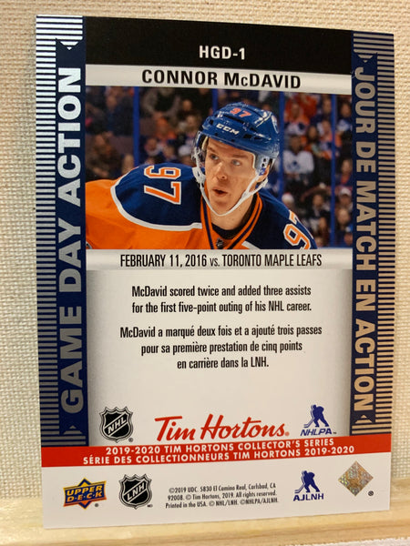 2019-20 TIM HORTONS HOCKEY #HGD-1 EDMONTON OILERS - GAME DAY ACTION CONNOR MCDAVID CARD RAW