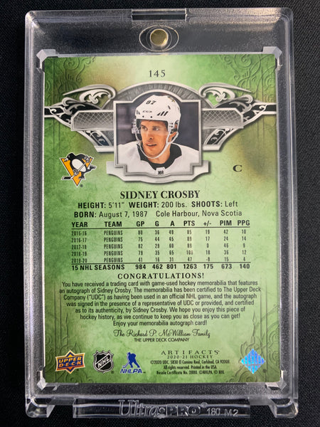 2020-21 UPPER DECK ARTIFACTS HOCKEY #145 PITTSBURGH PENGUINS - SIDNEY CROSBY ARTIFACTS DOUBLE PATCH AUTO NUMBERED 01/10