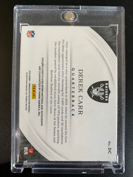 2016 PANINI IMMACULATE COLLECTION NFL FOOTBALL #DC LAS VEGAS RAIDERS - DEREK CARR ON CARD AUTO DUAL COLOUR PATCH