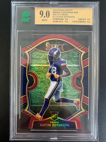 2020 PANINI SELECT FOOTBALL #61 MINNESOTA VIKINGS - JUSTIN JEFFERSON CONCOURSE LEVEL RED DIE-CUT PRIZM ROOKIE CARD GRADED MNT 9.0 MINT