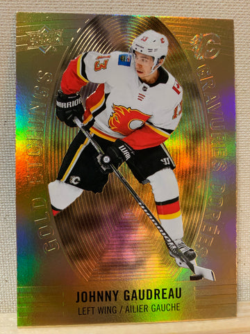 2019-20 TIM HORTONS HOCKEY #GE-5 CALGARY FLAMES - GOLD ETCHINGS JOHHNY GAUDREAU CARD RAW