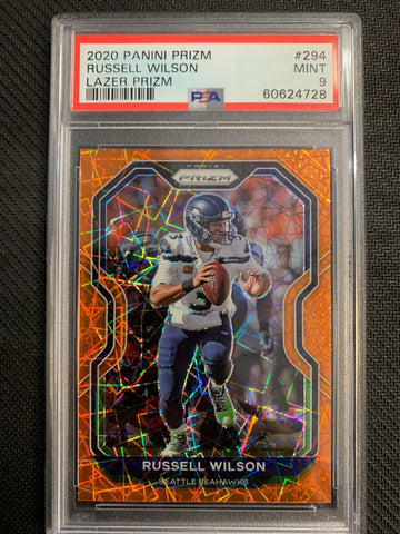 2020 PANINI PRIZM FOOTBALL #294 SEATTLE SEAHAWKS - RUSSELL WILSON ORANGE LAZER PRIZM PARALLEL GRADED PSA 9 MINT