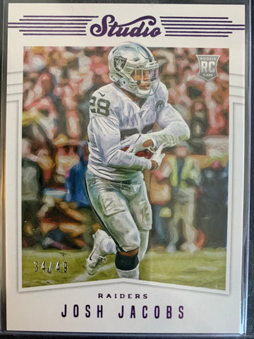 2019 PANINI CHRONICLES STUDIO FOOTBALL #S4 LAS VEGAS RAIDERS - JOSH JACOBS ROOKIE CARD NUMBERED 34/49