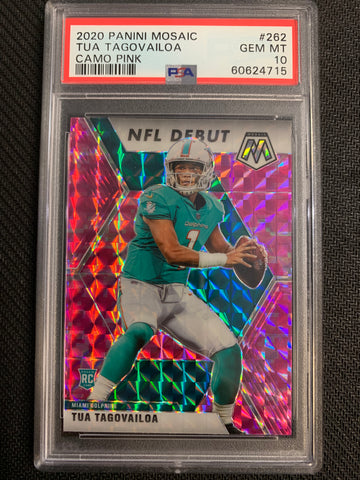 2020 PANINI MOSAIC FOOTBALL #262 MIAMI DOLPHINS - TUA TAGOVAILOA PINK CAMO NFL DEBUT ROOKIE GRADED PSA 10 GEM MINT