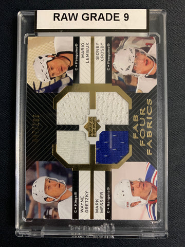 2007-08 UPPER DECK SERIES 2 HOCKEY #FF-LCGM - GRETZKY/LEMIEUX/MESSIER/CROSBY FAB FOUR FABRICS NUMBERED 007/100 RAW GRADED KSA 9