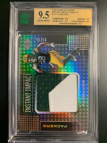 2020 PANINI ILLUSIONS FOOTBALL #II22 GREEN BAY PACKERS - AJ DILLON INSTANT IMPACT GOLD DUAL PATCH ROOKIE NUMBERED 25/25 GRADED MNT 9.5 GEM MINT
