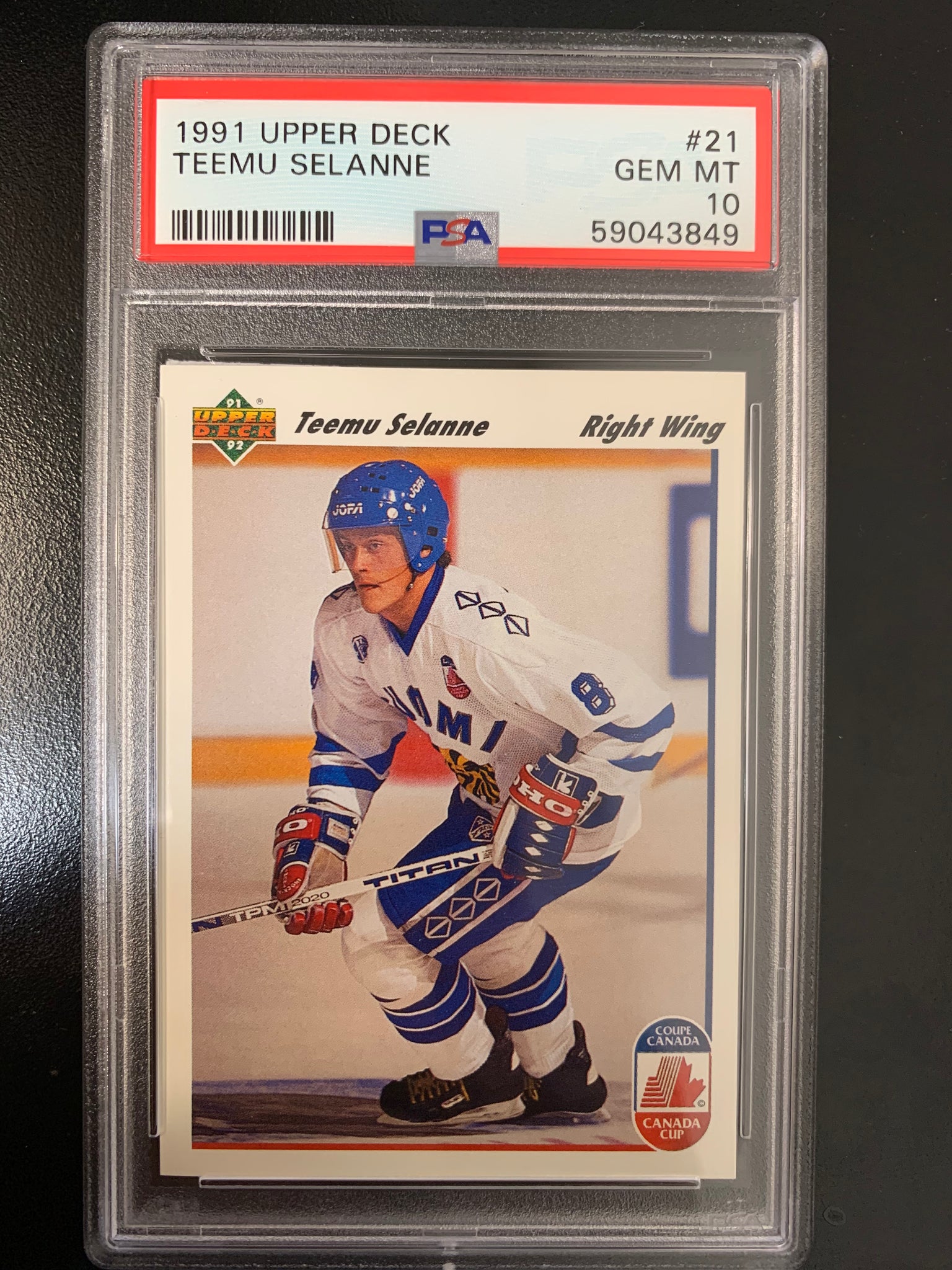 1991-92 UPPER DECK HOCKEY #21 WINNIPEG JETS - TEEMU SELANNE ROOKIE CARD GRADED PSA 10 GEM MINT