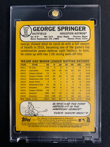 2017 TOPPS HERITAGE BASEBALL #ROA-GS HOUSTON ASTROS - GEORGE SPRINGER TOPPS REAL ONE ON CARD AUTOGRAPH